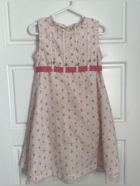 Little Bitty Pink Floral Bow-Accent Sleeveless Prairie Dress - see measurements